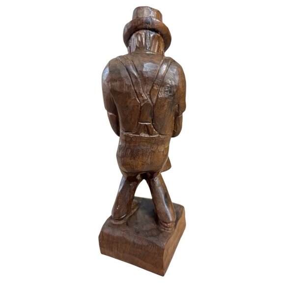 Vintage Hand Carved Folk Art Wooden Man Statue Hat & Suspenders 10" - Picture 6 of 8